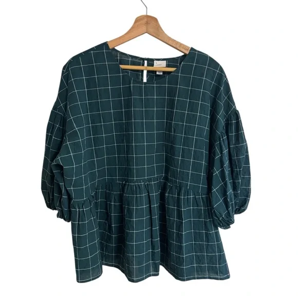 A new day green & white plaid windowpane peplum smock puff sleeve top size XL - Picture 5 of 14